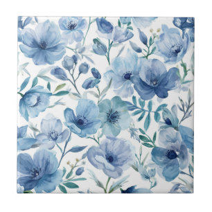 Blaue botanische Aquarell-Blumengarten Fliese