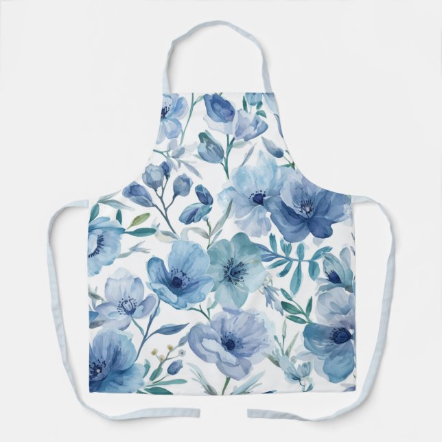 Blaue botanische Aquarell-Blumengarten Schürze (Vorderseite)
