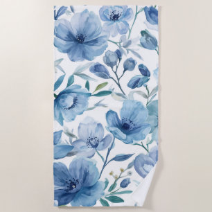 Blaue botanische Aquarell-Blumengarten Strandtuch