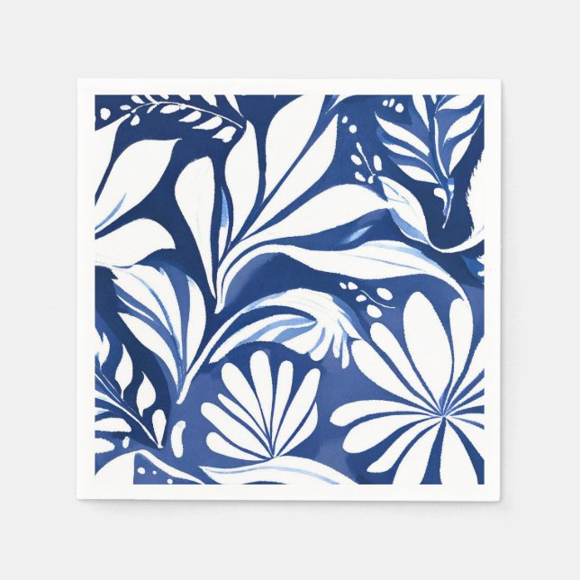 Blaue botanische Aquarell-Blumenmuster in Weiß Serviette (Vorderseite)