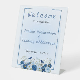 Blaue Botanische Eleganz Hochzeitsbegrüßung Sockelschild