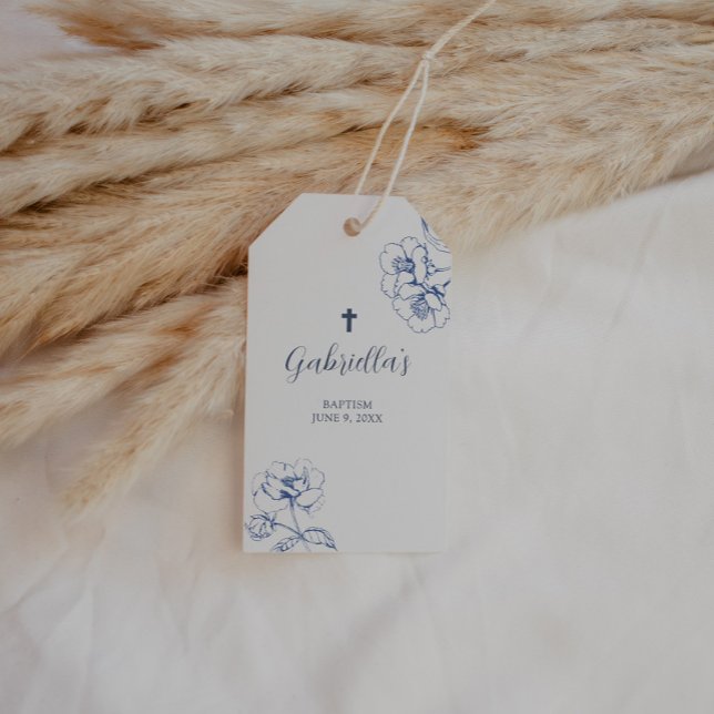 Blaue botanische Floral-Taufe  Geschenkanhänger (Vintage Blue Floral Rectangle Baptism Favor Tag)