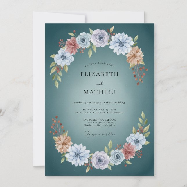 Blaue Botanische Hochzeit in Türkis Einladung (Vorderseite)