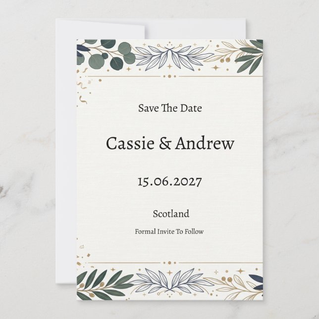 Blaue botanische Hochzeit Save The Date (Vorderseite)