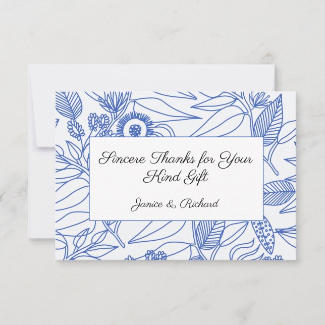 Blaue Botanische Personalisierte Blumenhochzeit Dankeskarte (Vorderseite)
