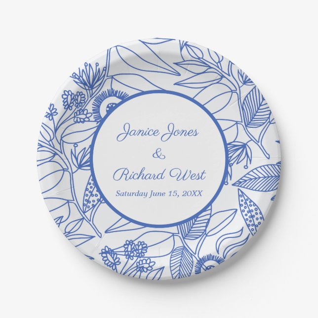 Blaue Botanische Personalisierte Navy-Frame-Hochze Pappteller (Vorderseite)