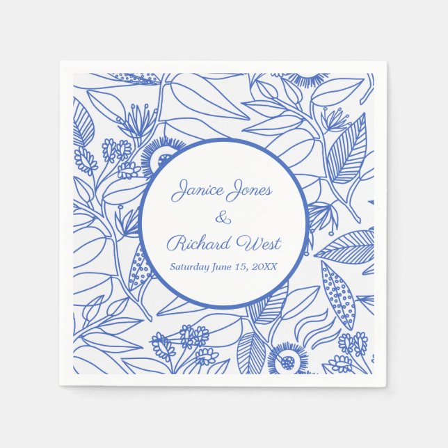 Blaue Botanische Personalisierte Navy-Frame-Hochze Serviette (Vorderseite)