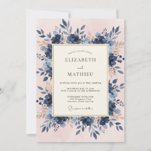 Blaue botanische romantische Hochzeit Einladung