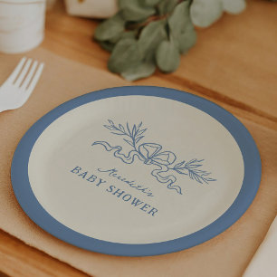Blaue botanische Schleife Baby Shower Pappteller