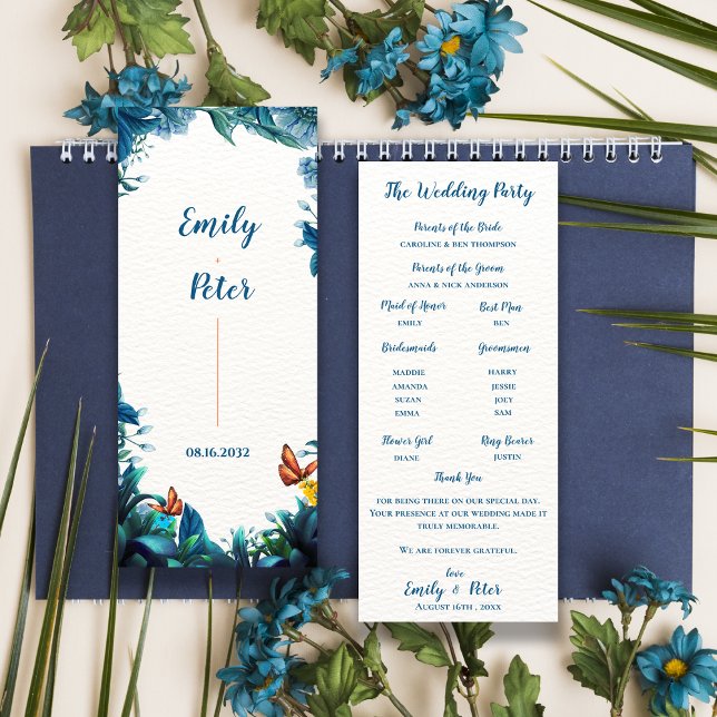 Blaue botanische Schmetterlings-Hochzeitsprogrammk Einladung (Blue Botanical Butterfly Wedding Program Card)