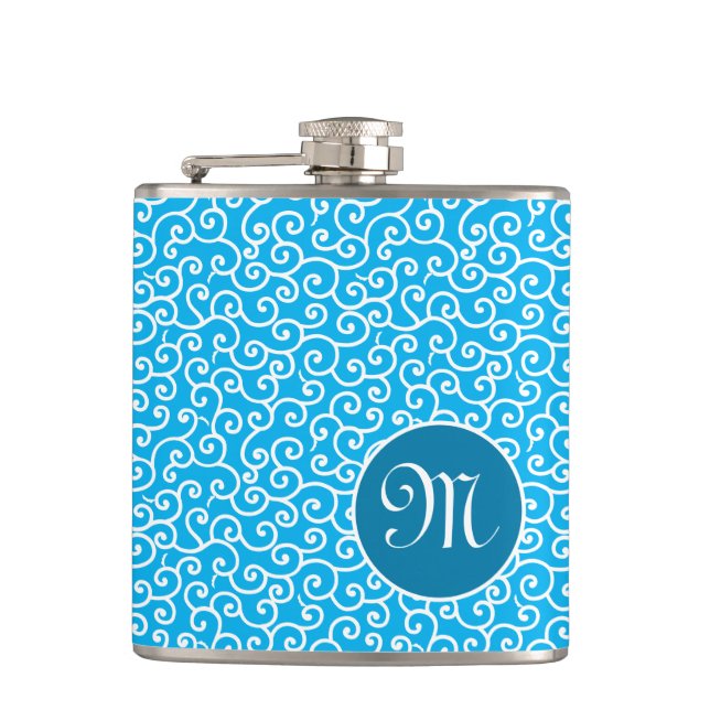 Blaue Botanische Spirale Flachmann (Vorderseite)