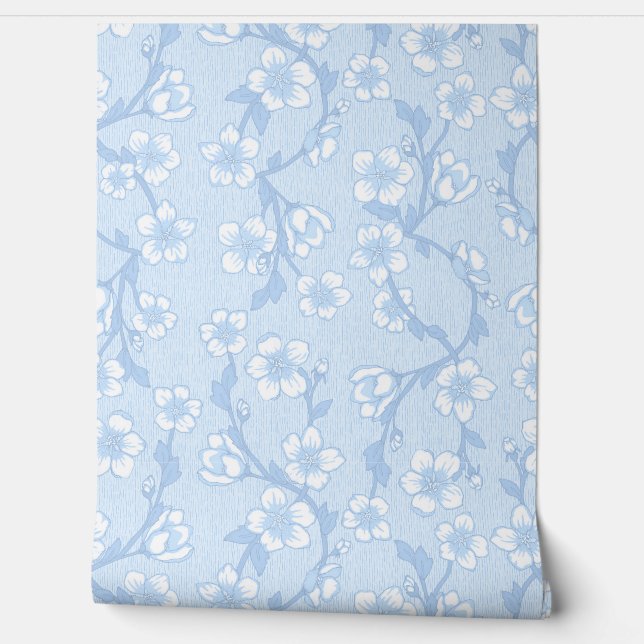 Blaue Botanische Tapete - Moderne Blumen (Abrollen)
