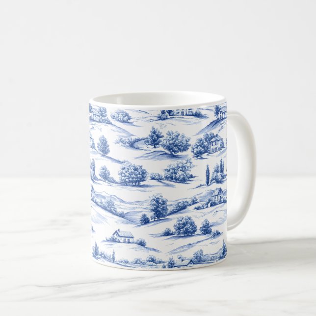 Blaue botanische Toile-Muster Kaffeetasse (VorderseiteRechts)