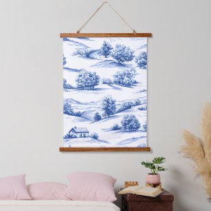 Blaue botanische Toile-Muster Wandteppich Mit Holzrahmen