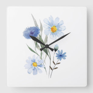 Blaue Botanische Wildblumenbouquet Aquarell Quadratische Wanduhr