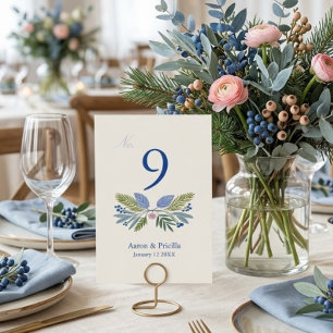 Blaue botanische Winterhochzeit Tischnummer