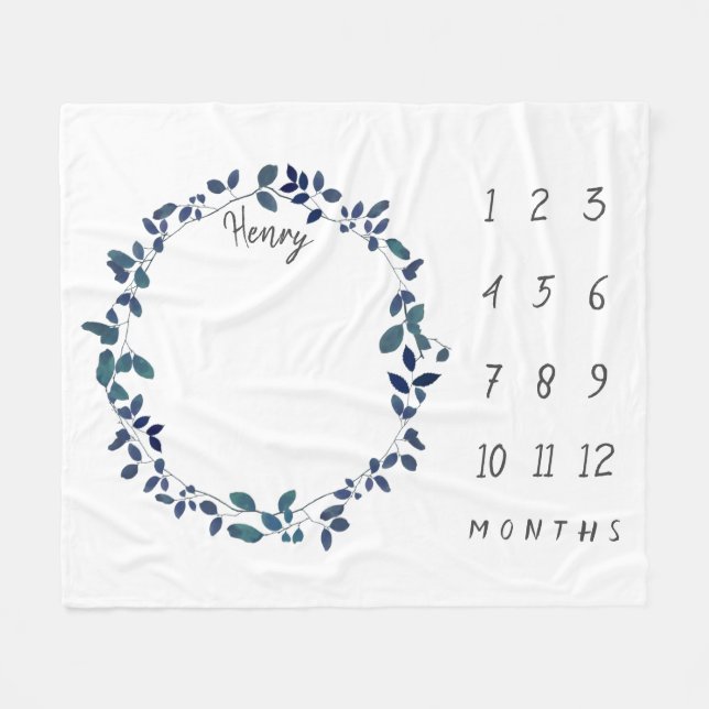 Blaue botanische Wreath-Baby-Meilenstein-Fleece Fleecedecke (Vorderseite (Horizontal))