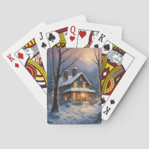 Blaue braune rustikale Winterhütte Schnee Malerei  Spielkarten