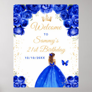 Blaue braunhaarige Prinzessin Geburtstags-Willkomm Poster