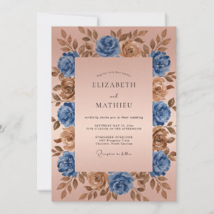 Blaue Bronze-Blumen Hochzeit im romantischen Stil Einladung