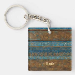 Blaue Bronze- und Gold-Grunge-Streifen Schlüsselanhänger