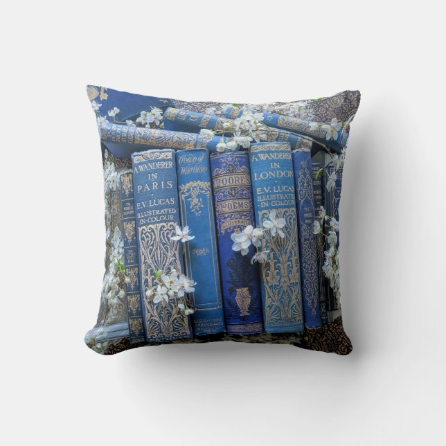 Blaue Bücher und Blüten Kissen (Vorderseite)