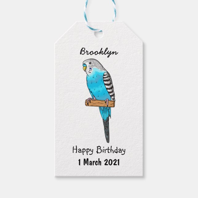 Blaue Budgerigar-Cartoon Geschenkanhänger (Vorderseite)