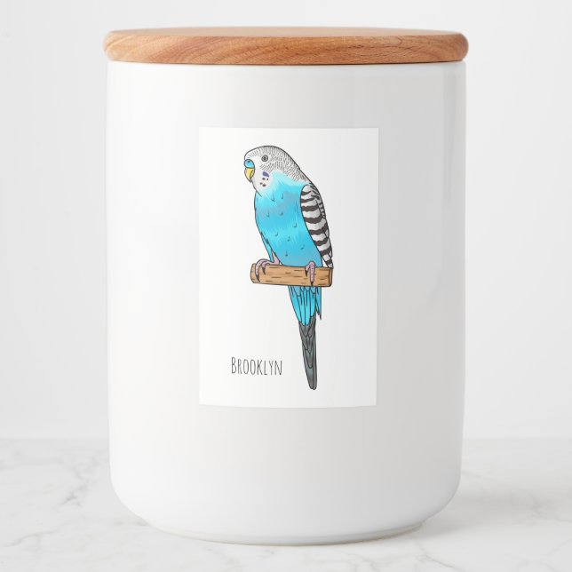 Blaue Budgerigar-Cartoon Lebensmitteletikett (Vorderseite)