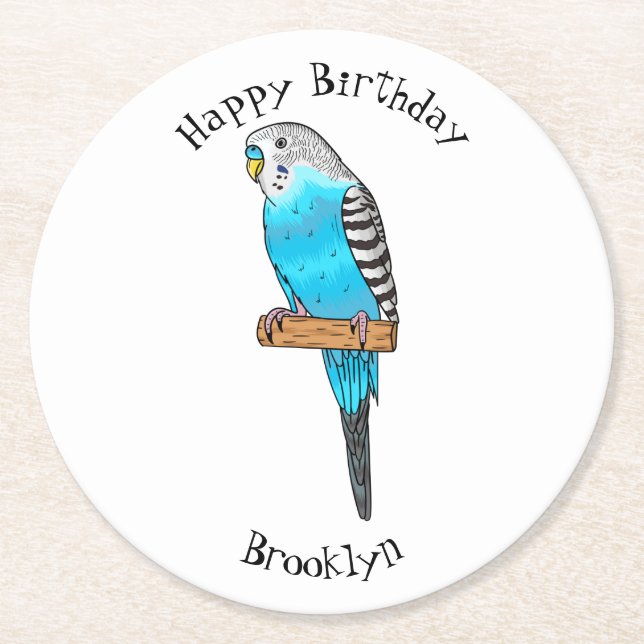 Blaue Budgerigar-Cartoon Runder Pappuntersetzer (Vorderseite)