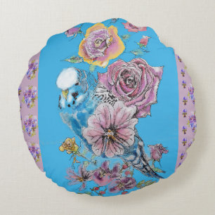 Blaue Budgie-Aquarell-Blumen-Damen-Rundkissen Rundes Kissen
