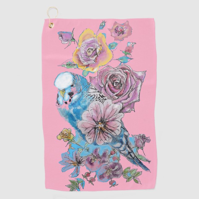 Blaue Budgie Blumengärten Pink Golfhandtuch (Vorderseite)