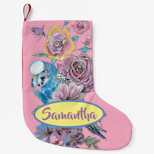 Blaue Budgie Budgies Rosen Blumen Weihnachtsstrump Kleiner Weihnachtsstrumpf
