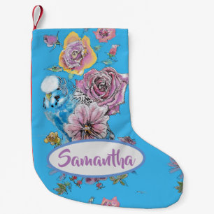 Blaue Budgie Budgies Rosen Blumen Weihnachtsstrump Kleiner Weihnachtsstrumpf