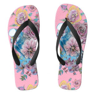 Blaue Budgie-Sittiche Rosa Rosen-Blumenmuster Flip Flops