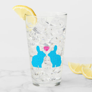 Blaue Bunnien und rosa Herz Glas