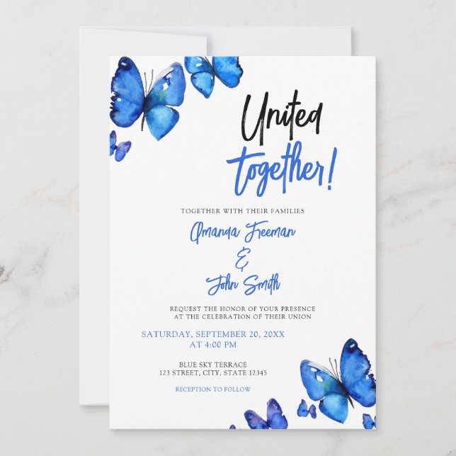 Blaue Butterfliegen Chic Wedding Einladung (Vorderseite)