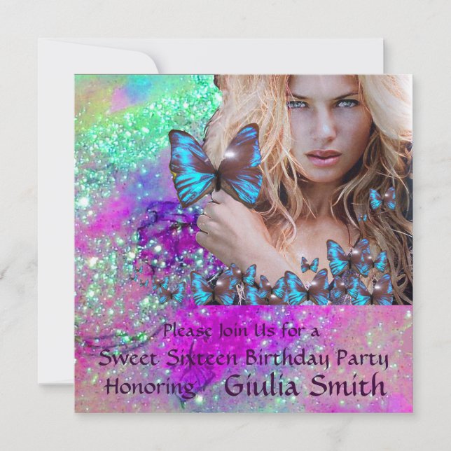 BLAUE BUTTERFLY SWEET 16 PARTY MONOGRAM, Champagne Einladung (Vorderseite)