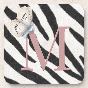 Blaue Butterfly und Zebra-Fur-Rose Monogram Custom Getränkeuntersetzer