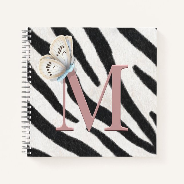Blaue Butterfly und Zebra-Fur-Rose Monogram Custom Notizbuch (Vorderseite)