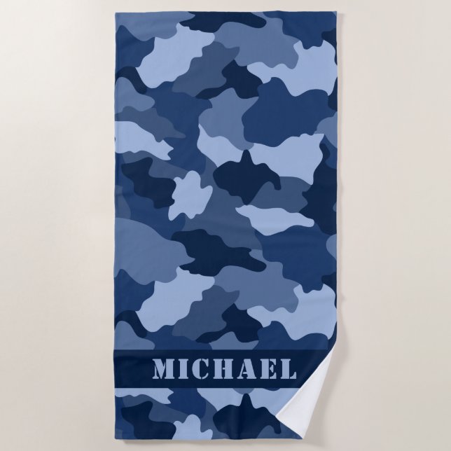 Blaue Camouflage Muster Leuchtname Strandtuch (Vorderseite)