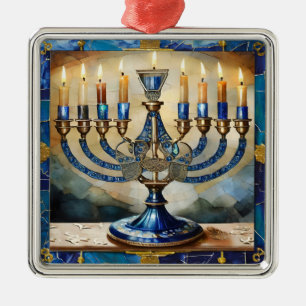 Blaue Chanukka-Menora Ornament Aus Metall