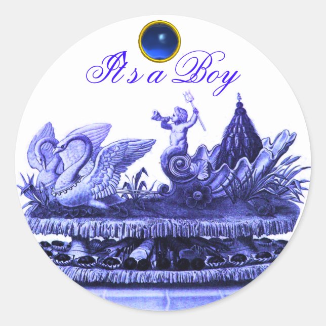 BLAUE CHARIOT VON SWANS /KUPCAKES BOY BABY SHOWER RUNDER AUFKLEBER (Vorderseite)