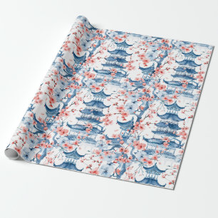Blaue chinesische Pagoden-Kirschblüten-Muster Geschenkpapier