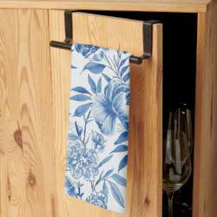 Blaue Chinoiserie-Aquarell-Blumen-Botanik Geschirrtuch