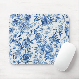 Blaue Chinoiserie-Aquarell-Blumen-Botanik Mousepad