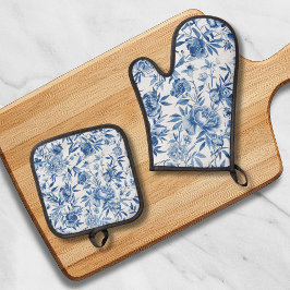 Blaue Chinoiserie-Aquarell-Blumen-Botanik Ofenhandschuh & Topflappen-Set