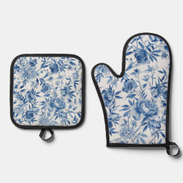 Blaue Chinoiserie-Aquarell-Blumen-Botanik Ofenhandschuh & Topflappen-Set