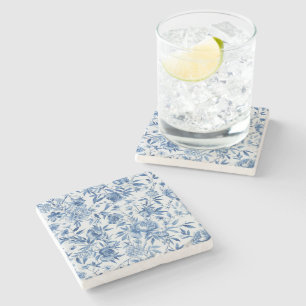 Blaue Chinoiserie-Aquarell-Blumen-Botanik Steinuntersetzer
