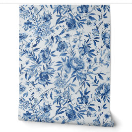 Blaue Chinoiserie-Aquarell-Blumen-Botanik Tapete