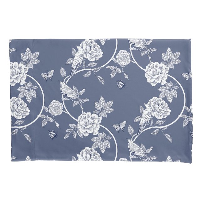 Blaue Chinoiserie Blume und Vögel Kissenbezug (Vorderseite)